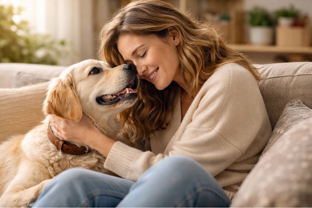 woman cuddling her dog on a couch